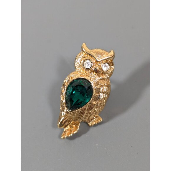Vintage Avon Owl Green Rhinestone Small Tack Pin Brooch Birthstone - Picture 1 of 5